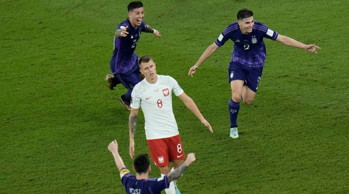 Argentina celebrates a goal at the World Cup vs. Poland.